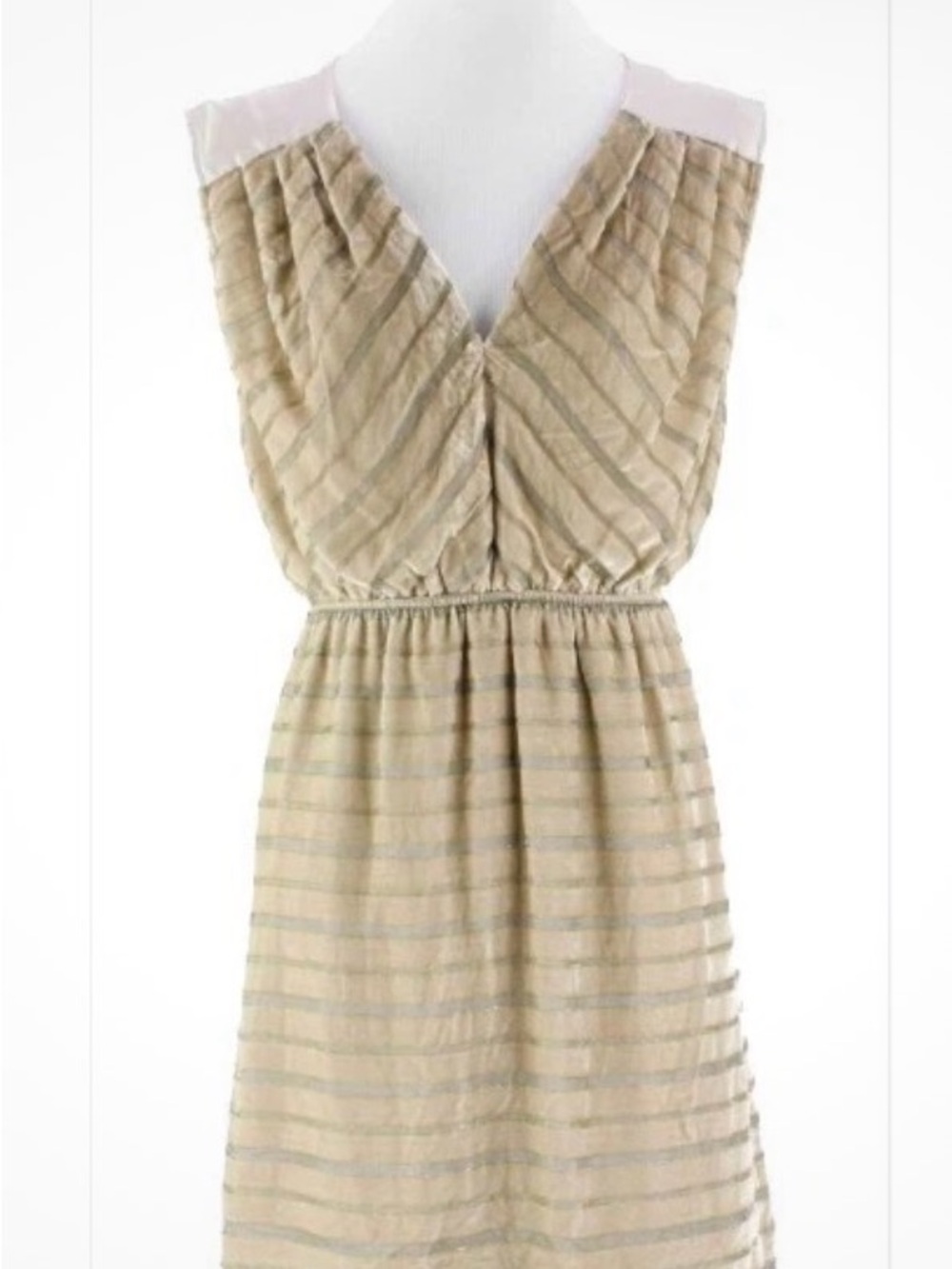 Aryn K Gold Taupe Velvet Stripe Satin Neck Back V Dress M